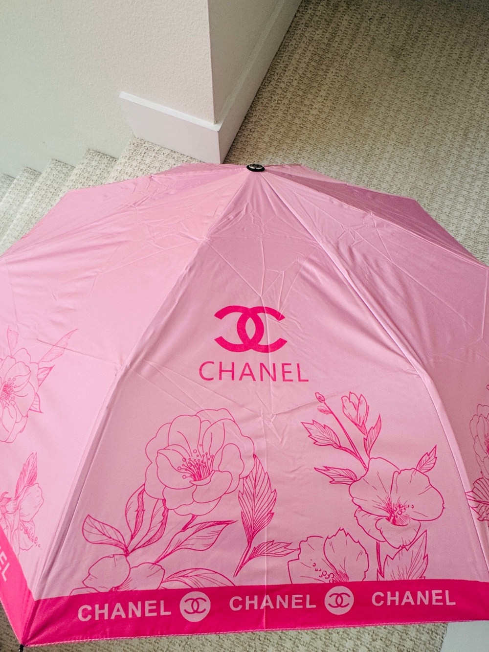 CHANEL Pink Floral Logo Umbrella - Bright Pink